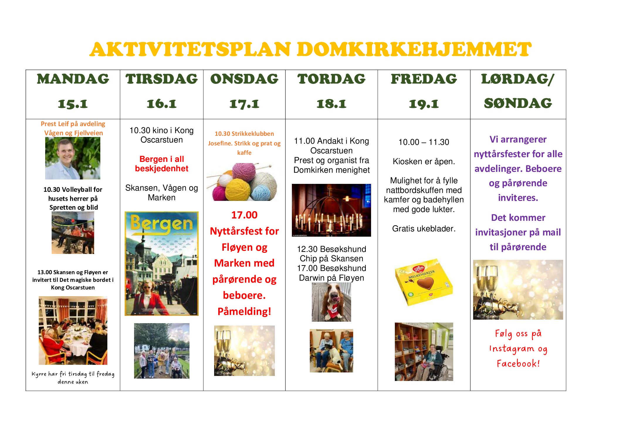 Aktivitetsplan uke 3, 2024 Domkirkehjemmet