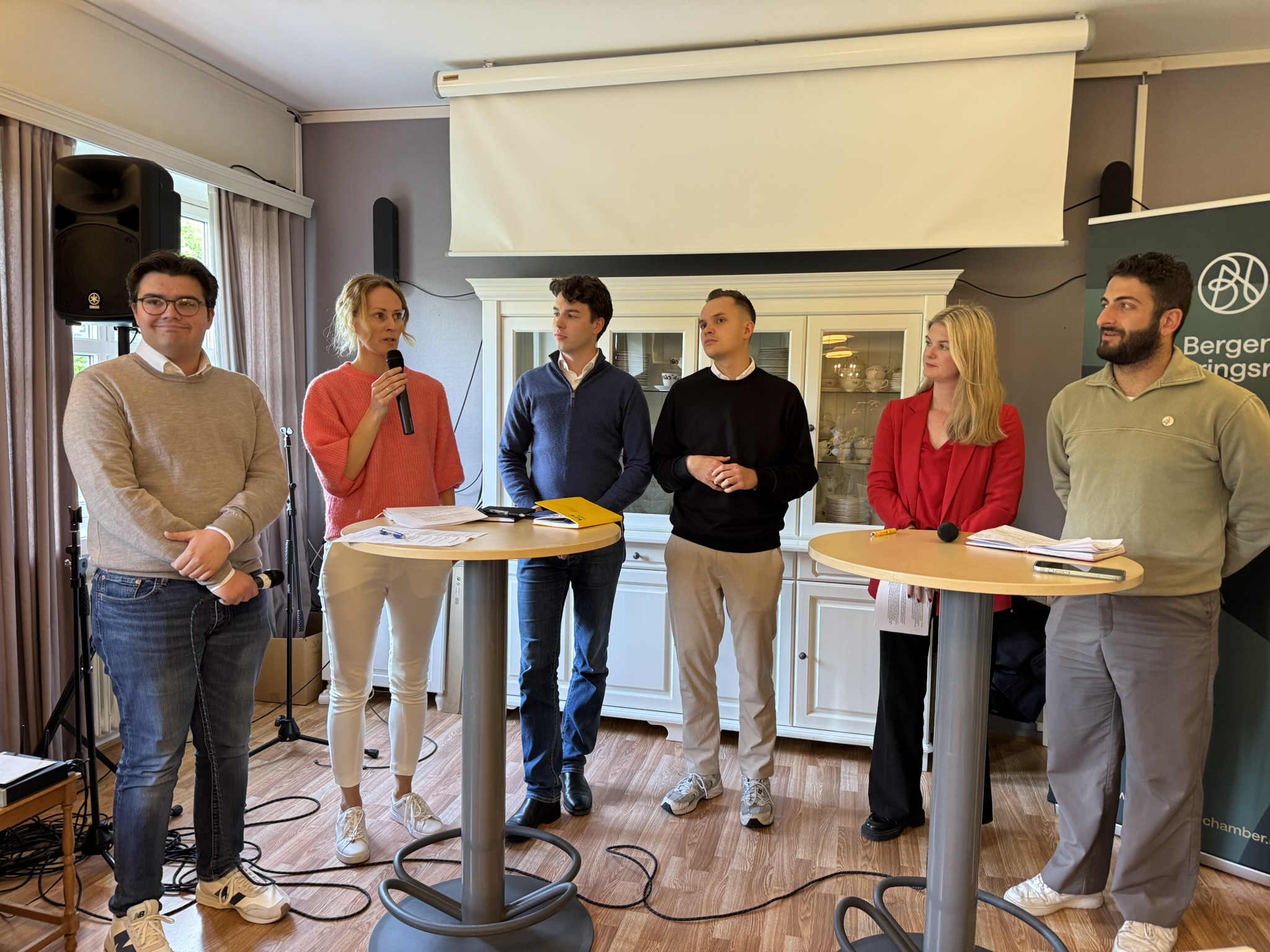 Fra venstre: Sondre Hillestad (H), Kristine Skår (PIIB), Martin Jonsterhaug (Frp), Joel Ystebø (Krf), Lisa Nathalia Johnsen Lunde (Ap) og Alexander Papas (SV)
